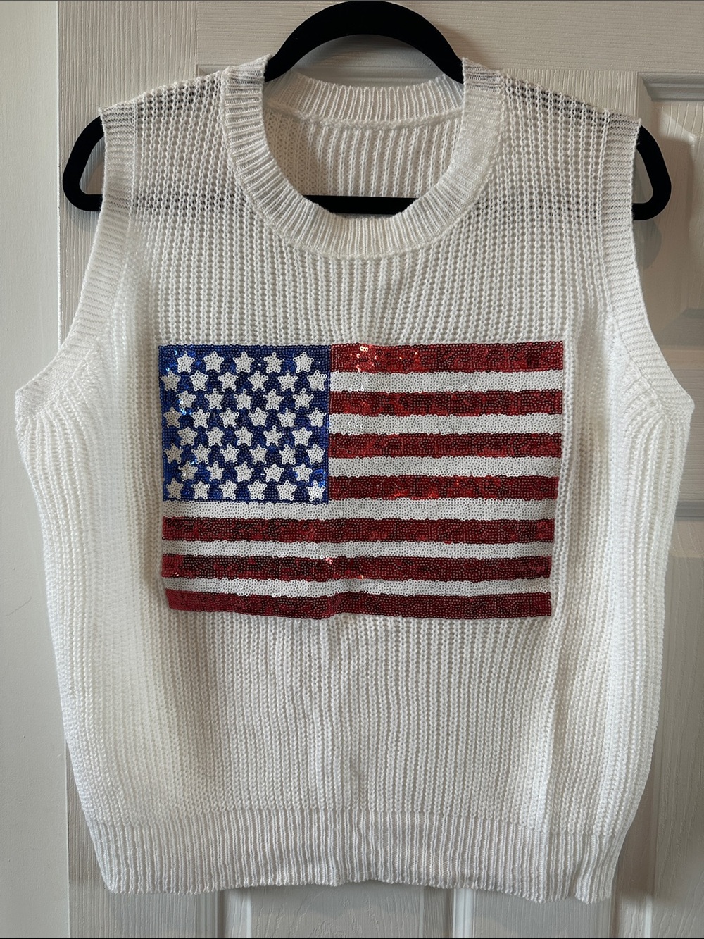 White Sleeveless Knit Sweater Vest with Sequin American Flag